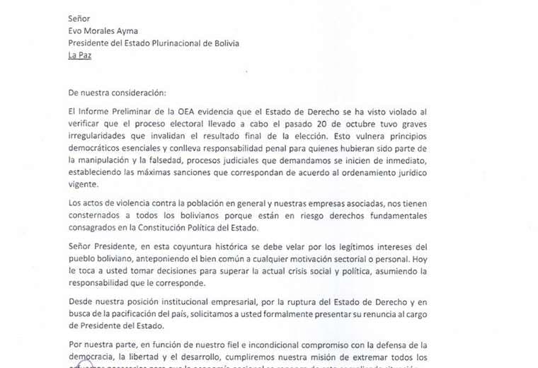 La entidad empresarial pidió la renuncia del presidente de Bolivia, Evo Morales velando por los intereses del pueblo boliviano