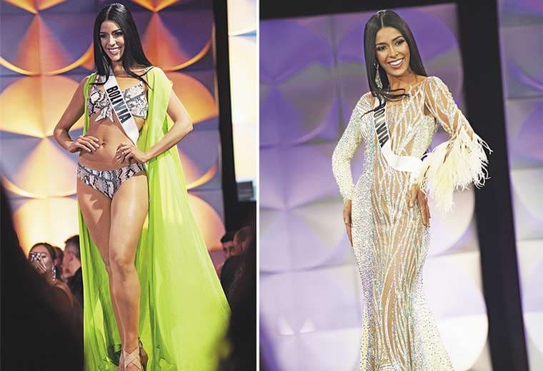 En escena. La miss Bolivia en dos de sus presentacionen en el certamen universal. El traje de gala que lució fue elaborado por Ernesto Baharona